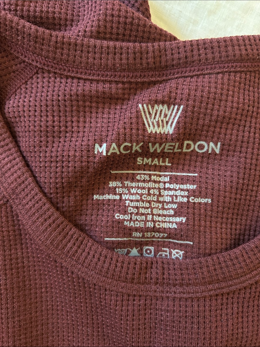 Mack Weldon Men’s Burgundy Waffle-Knit Crewneck Long Sleeve Top